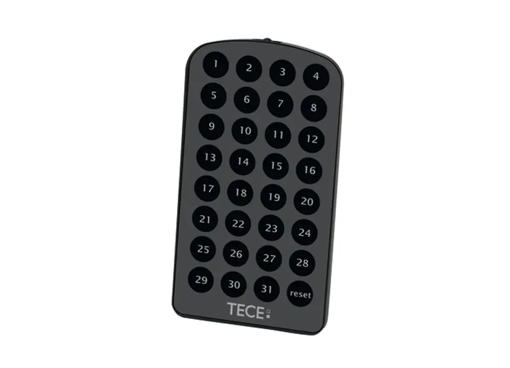 Schwarze Fernbedienung mit nummerierten Tasten von 1 bis 31 sowie einer Reset-Taste, gestaltet von TECE, geeignet für programmierbare Anwendungen.